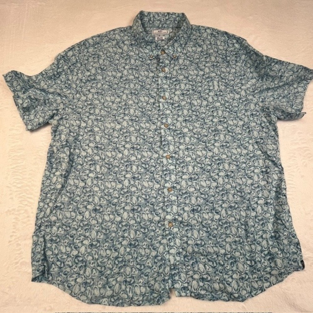 Southern Tide Mens XXL Blue Oyster Print Linen Rayon Short Sleeve Button Down